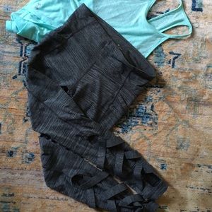 Athleta Long Leggings, Grey with criss cross calf